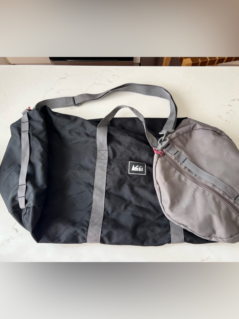 REI Black and Gray Roll-Top Duffel with Detachable Gray Pouch